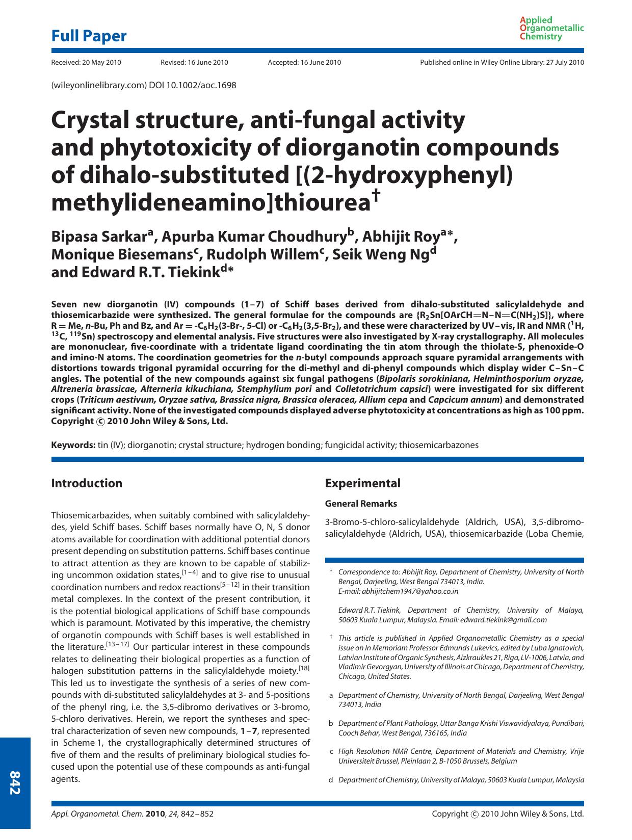 Crystal structure, antifungal activity and phytotoxicity of diorganotin compounds of dihalosubstituted [(2hydroxyphenyl) methylideneamino]thiourea by Unknown