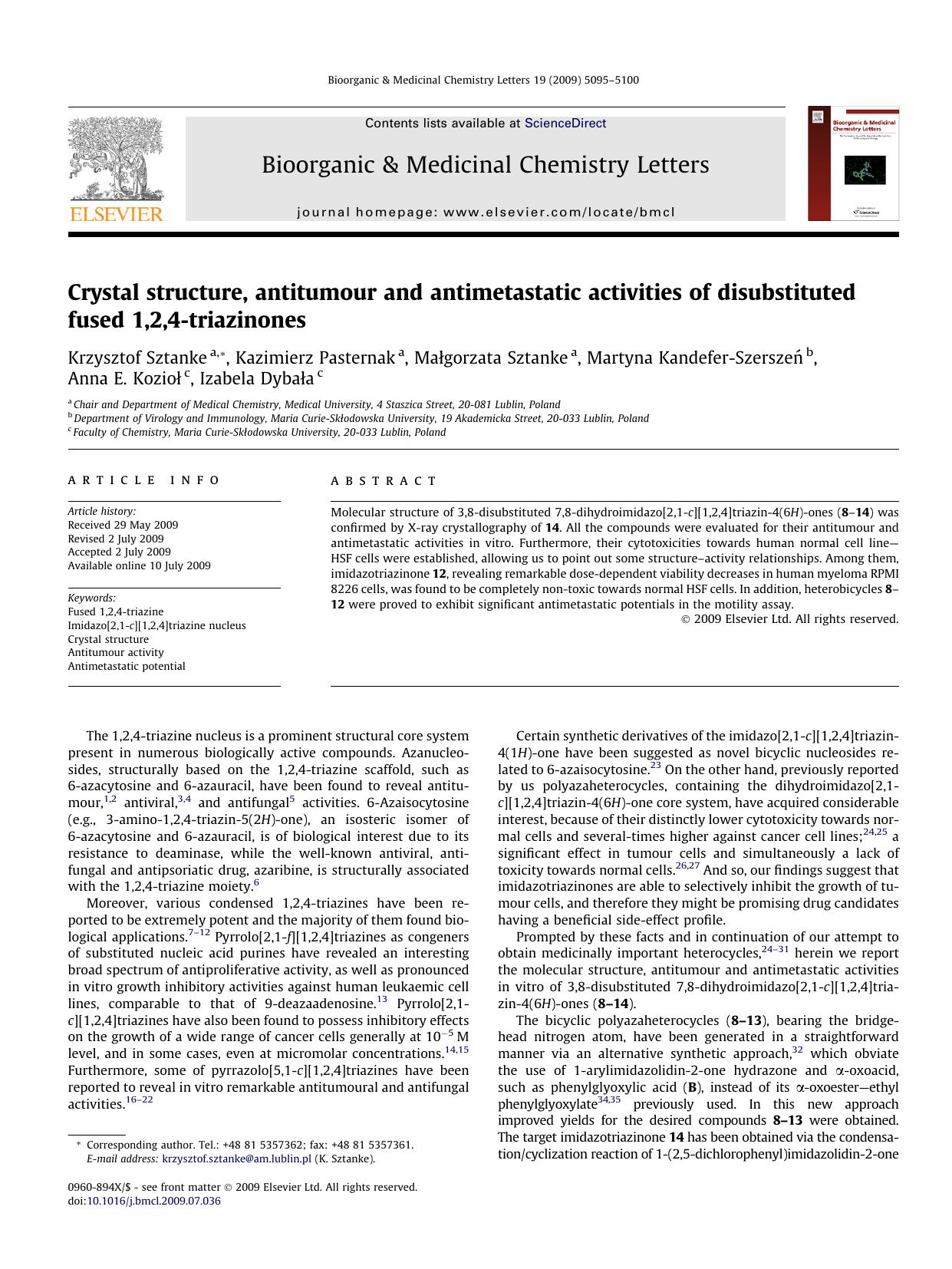 Crystal structure, antitumour and antimetastatic activities of disubstituted fused 1,2,4-triazinones by unknow