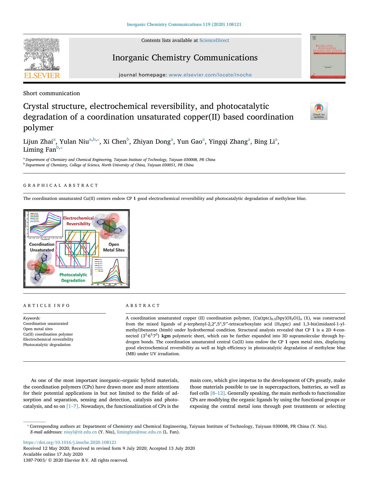 Crystal structure, electrochemical reversibility, and photocatalytic degradation of a coordination unsaturated copper(II) based coordination polymer by Lijun Zhai & Yulan Niu & Xi Chen & Zhiyan Dong & Yun Gao & Yingqi Zhang & Bing Li & Liming Fan