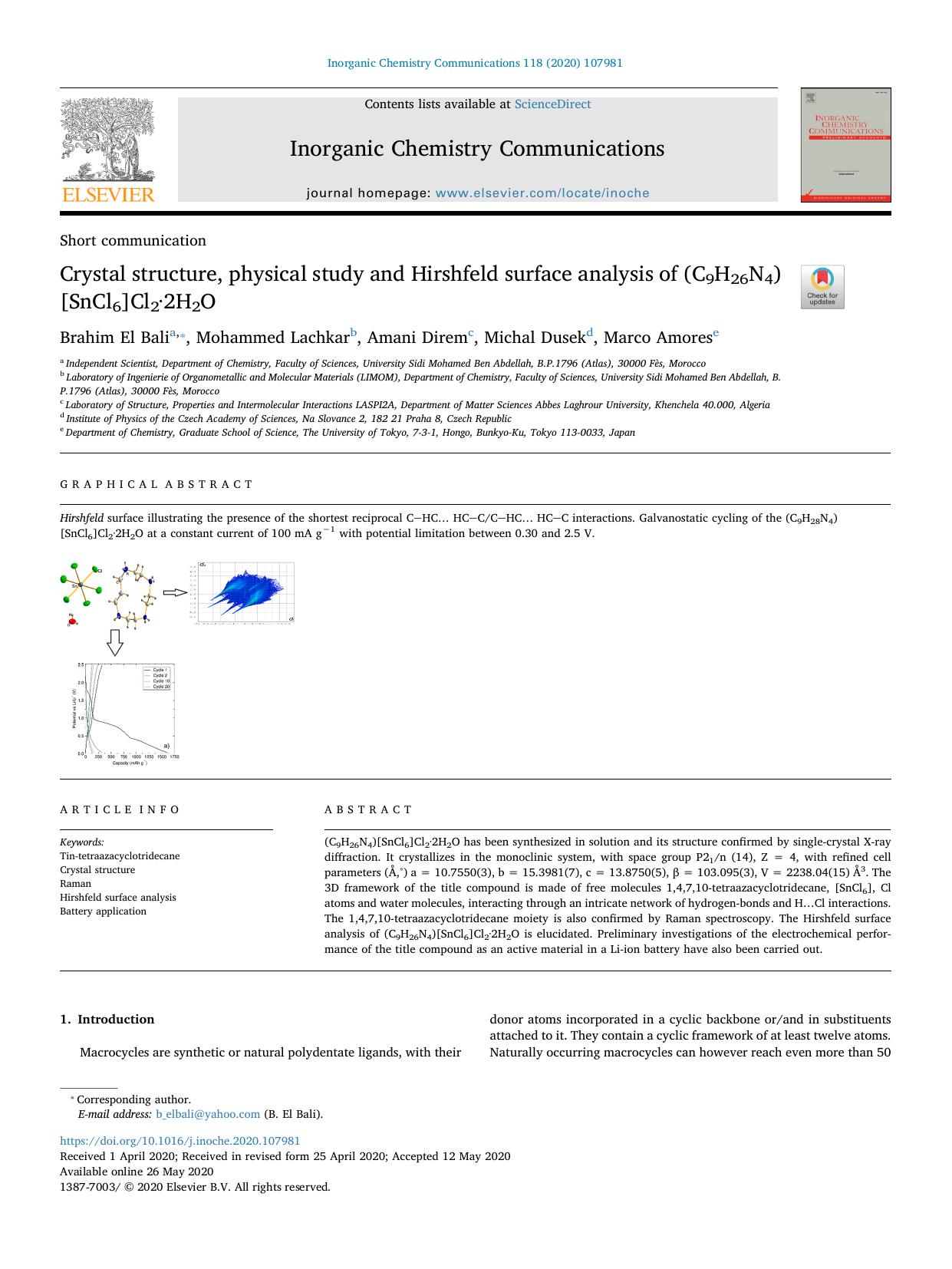Crystal structure, physical study and Hirshfeld surface analysis of (C9H26N4)[SnCl6]Cl2Â·2H2O by Brahim El Bali & Mohammed Lachkar & Amani Direm & Michal Dusek & Marco Amores