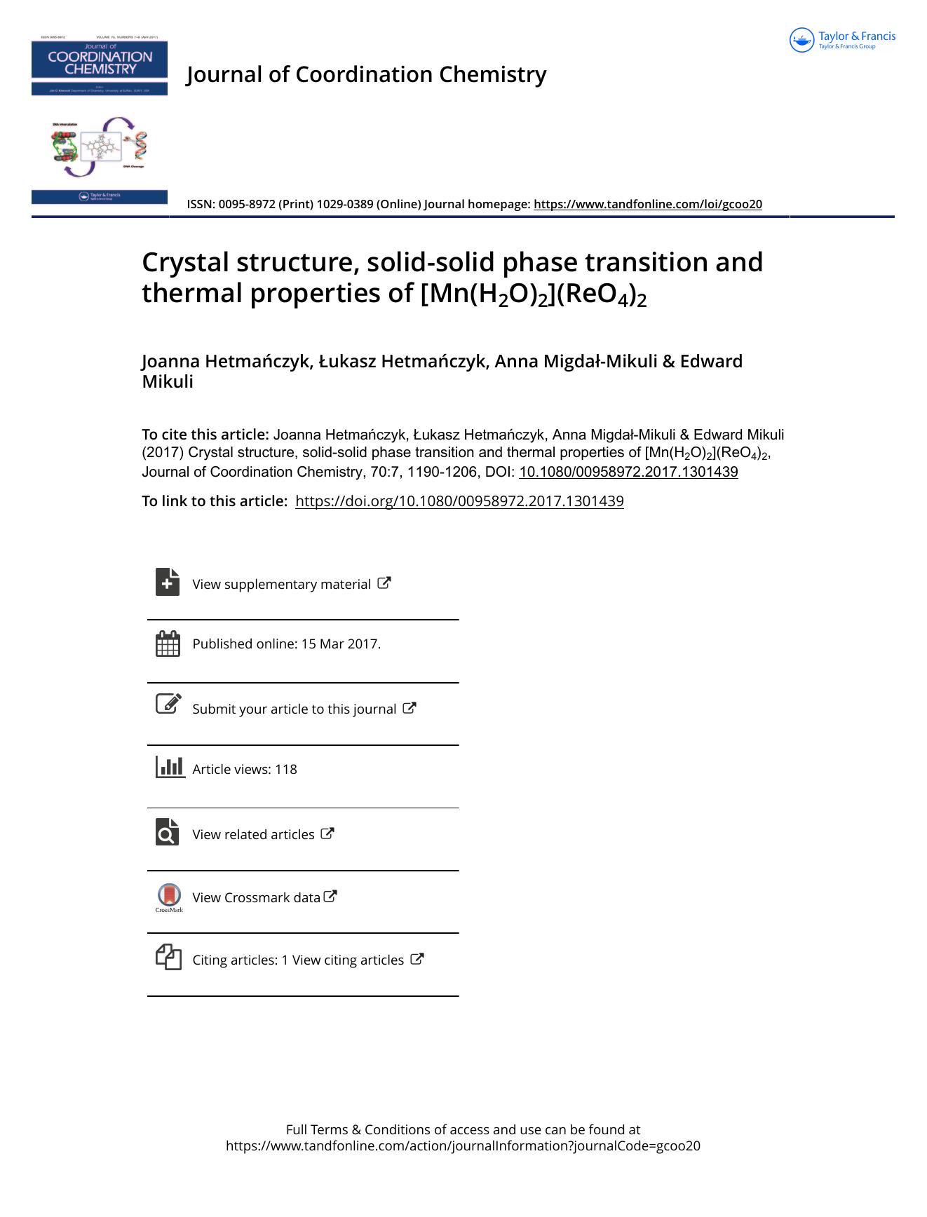 Crystal structure, solid-solid phase transition and thermal properties of [Mn(H2O)2](ReO4)2 by Joanna Hetmańczyk & Łukasz Hetmańczyk & Anna Migdał-Mikuli & Edward Mikuli