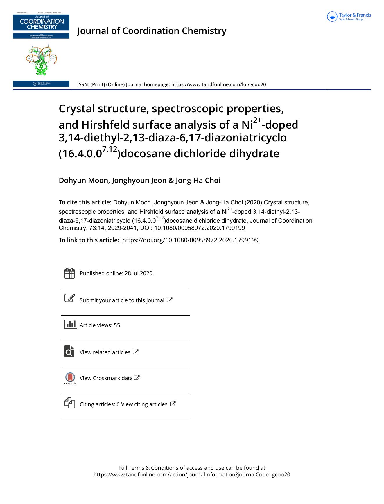 Crystal structure, spectroscopic properties, and Hirshfeld surface analysis of a Ni2+-doped 3,14-diethyl-2,13-diaza-6,17-diazoniatricyclo (16.4.0.07,12)docosane dichloride dihydrate by Moon Dohyun & Jeon Jonghyoun & Choi Jong-Ha