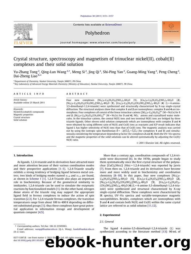 Crystal structure, spectroscopy and magnetism of trinuclear nickel(II), cobalt(II) complexes and their solid solution by unknow