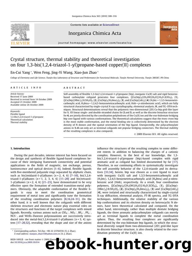 Crystal structure, thermal stability and theoretical investigation on four 1,3-bis(1,2,4-triazol-1-yl)propane-based copper(II) complexes by En-Cui Yang; Wen Feng; Jing-Yi Wang; Xiao-Jun Zhao