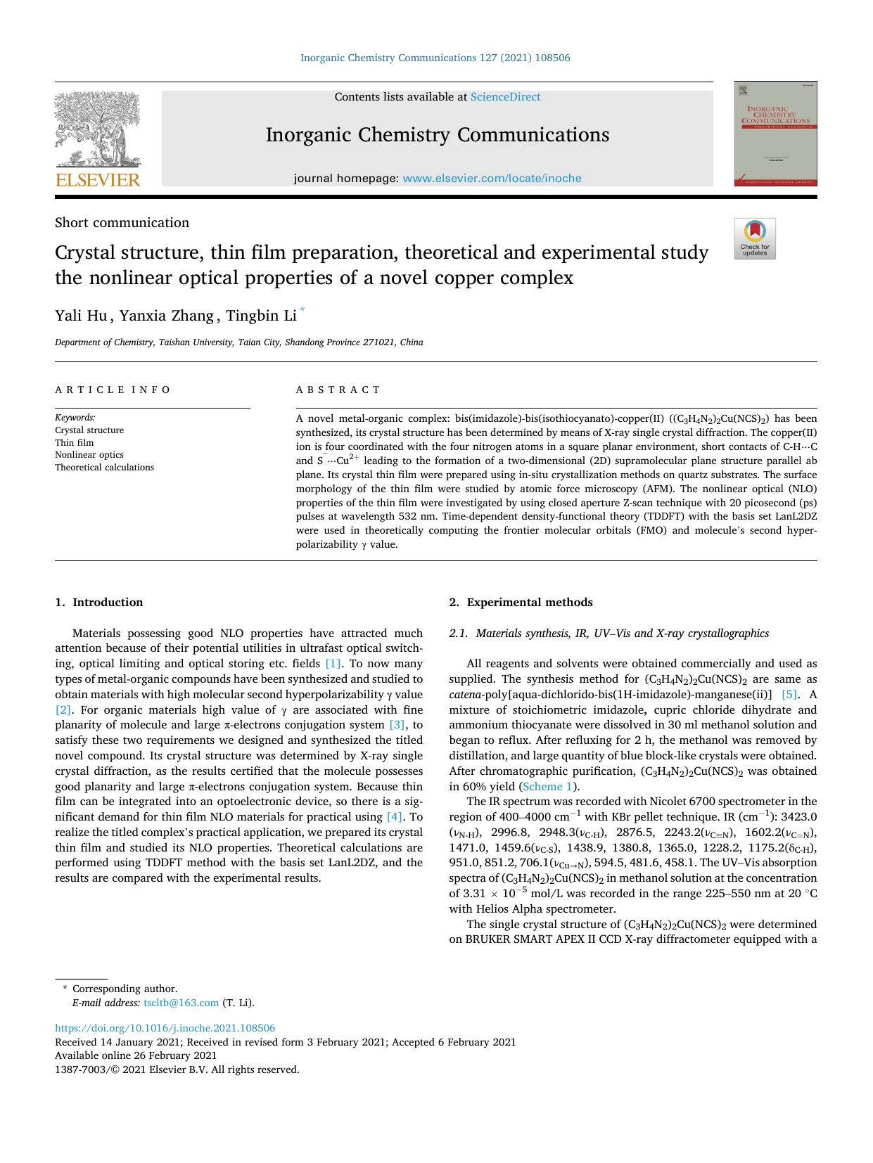 Crystal structure, thin film preparation, theoretical and experimental study the nonlinear optical properties of a novel copper complex by Yali Hu
