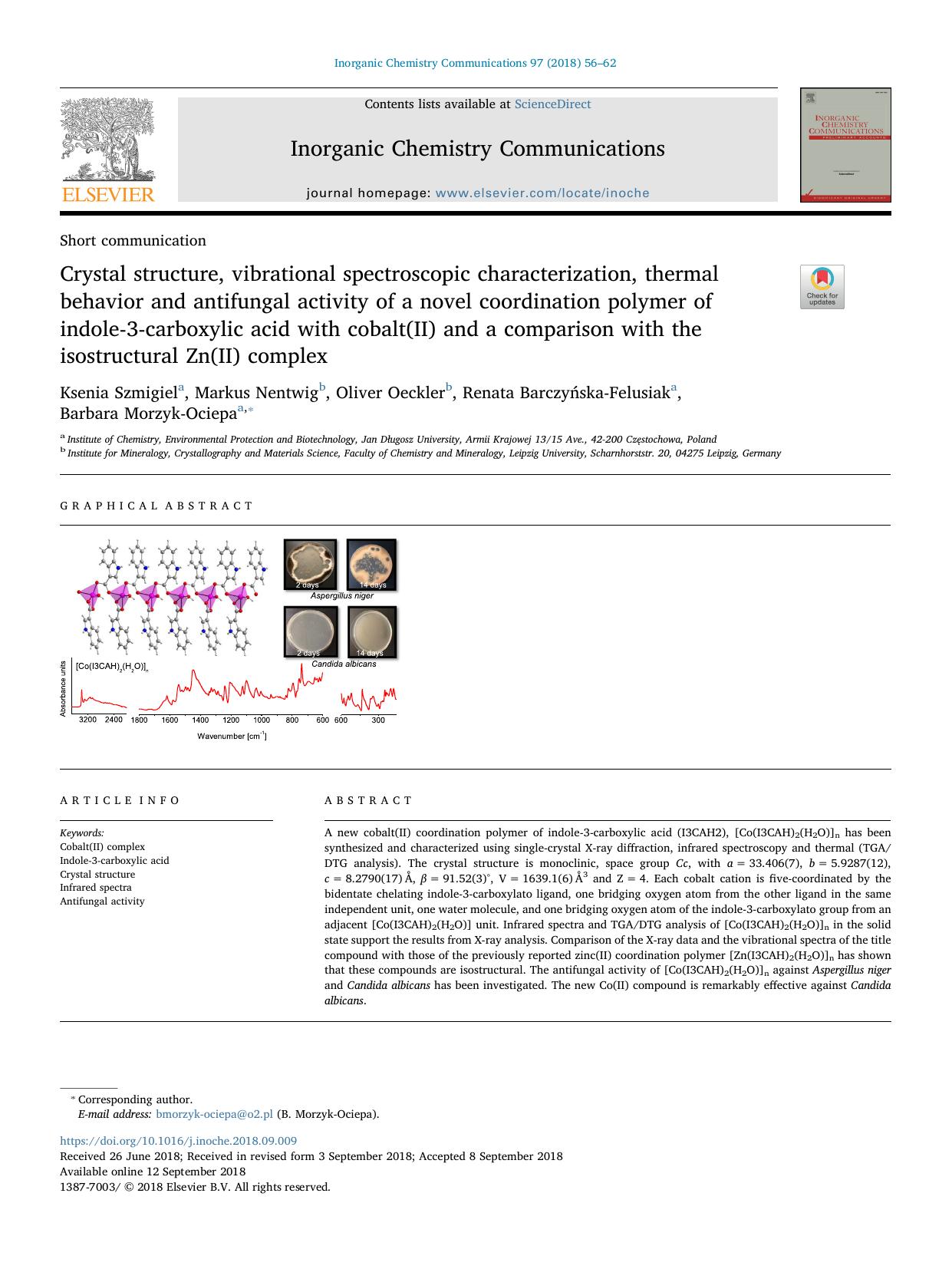 Crystal structure, vibrational spectroscopic characterization, thermal behavior and antifungal activity of a novel coordination polymer of indoleâ3âcarboxylic acid with cobalt( by unknow