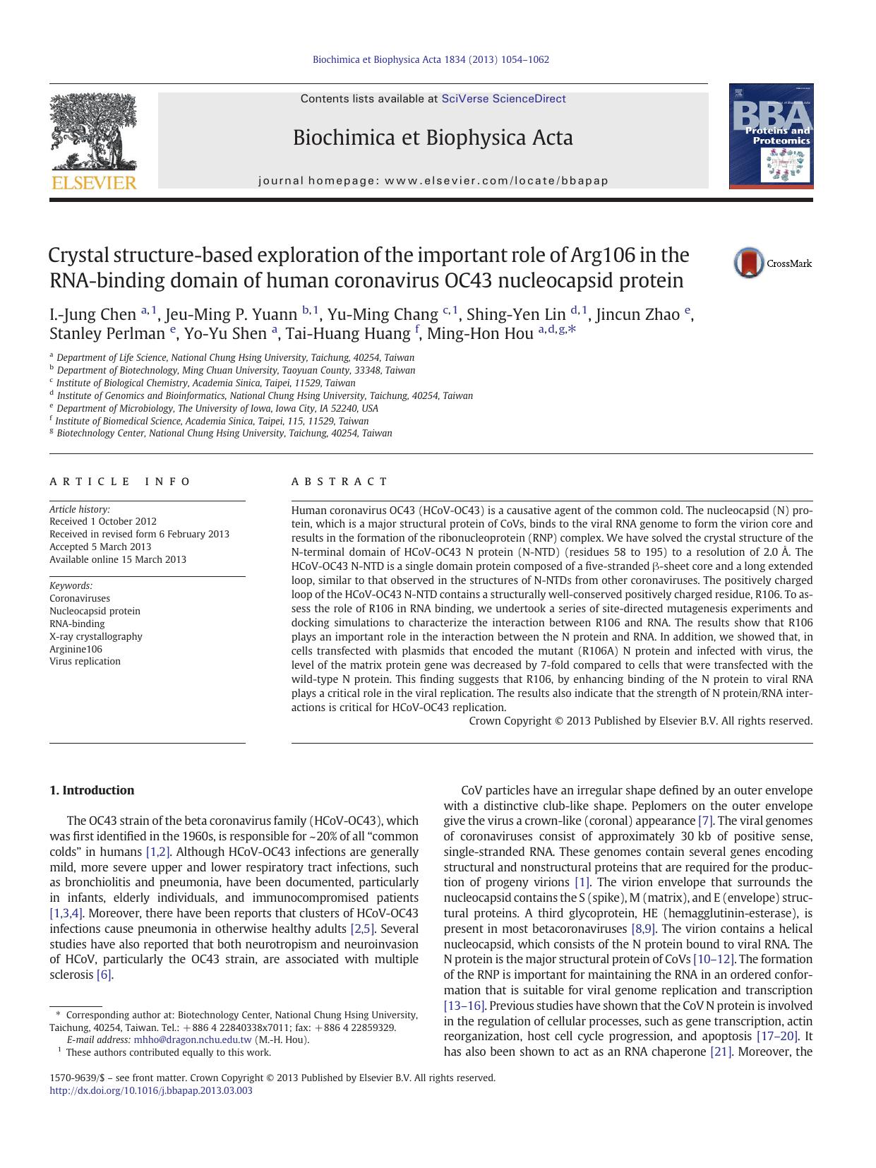 Crystal structure-based exploration of the important role of Arg106 in the RNA-binding domain of human coronavirus OC43 nucleocapsid protein by unknow