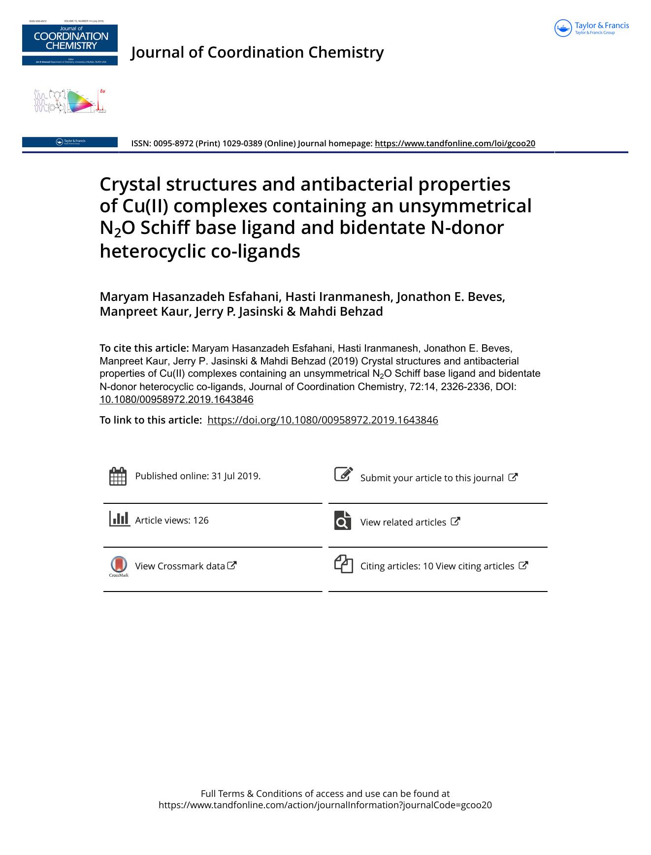 Crystal structures and antibacterial properties of Cu(II) complexes containing an unsymmetrical N2O Schiff base ligand and bidentate N-donor heterocyclic co-ligands by unknow