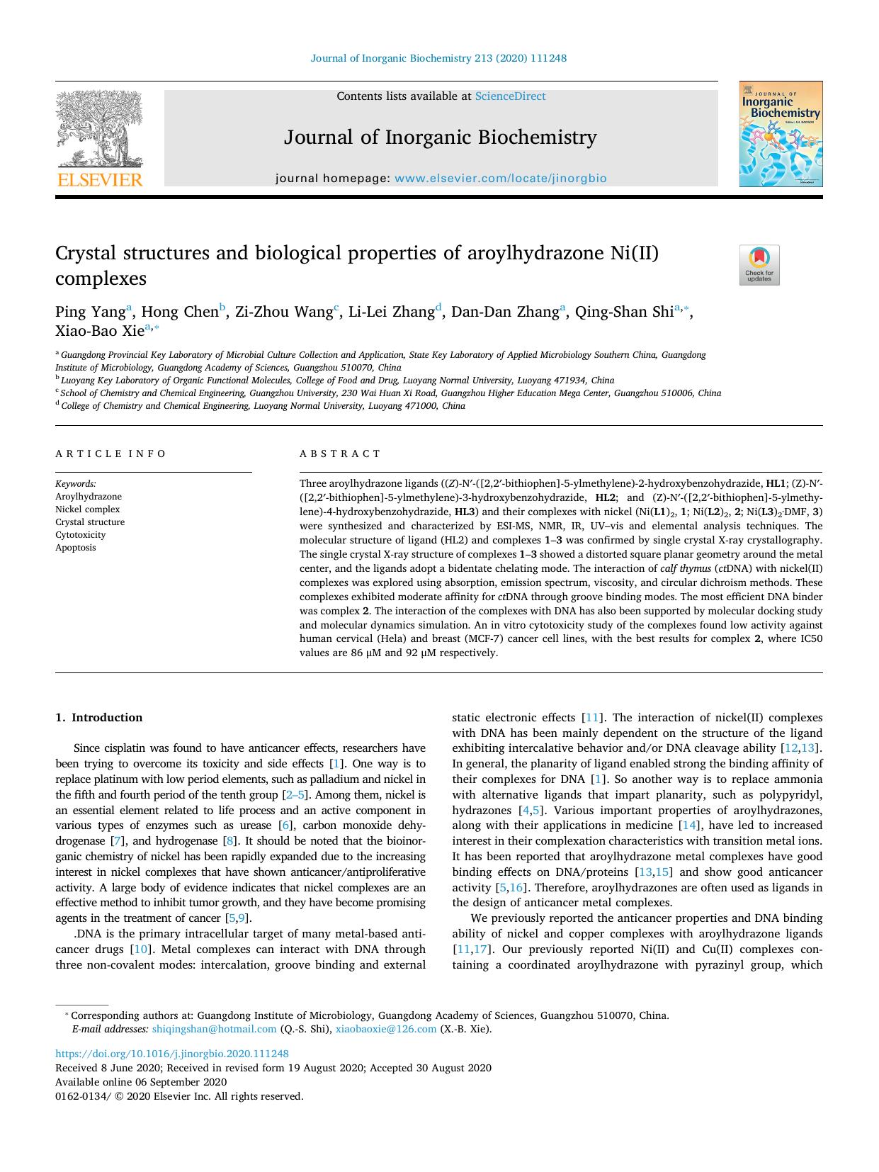 Crystal structures and biological properties of aroylhydrazone Ni(II) complexes by Ping Yang & Hong Chen & Zi-Zhou Wang & Li-Lei Zhang & Dan-Dan Zhang & Qing-Shan Shi & Xiao-Bao Xie