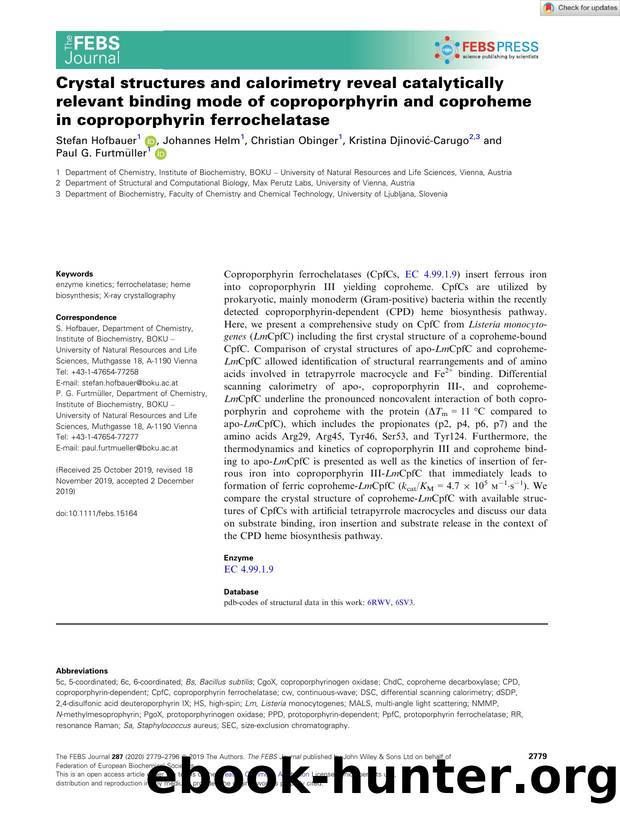 Crystal structures and calorimetry reveal catalytically relevant binding mode of coproporphyrin and coproheme in coproporphyrin ferrochelatase by Unknown