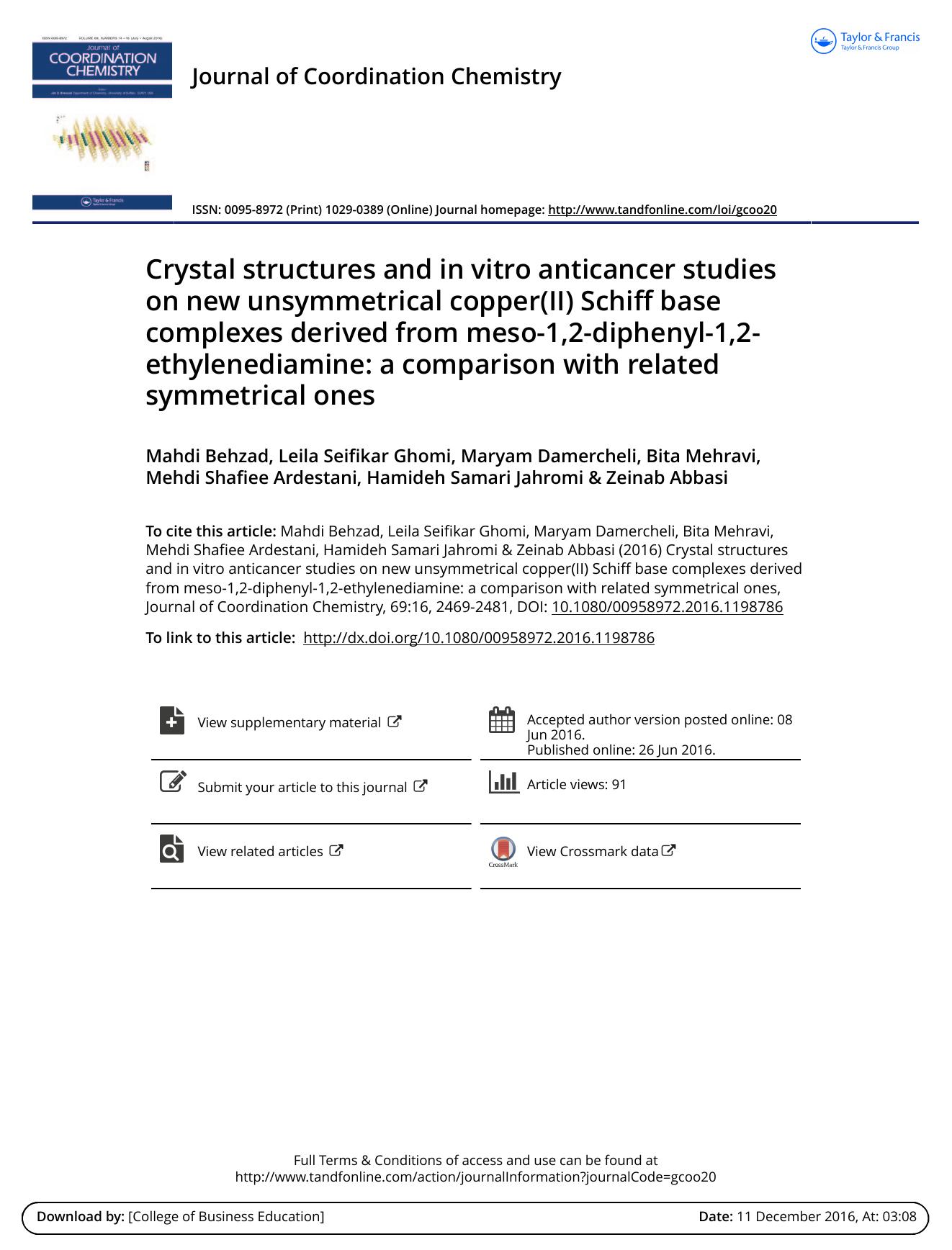 Crystal structures and in vitro anticancer studies on new unsymmetrical copper(II) Schiff base complexes derived from meso-1,2-diphenyl-1,2-ethylenediamine: a comparison with related symmetrical ones by unknow