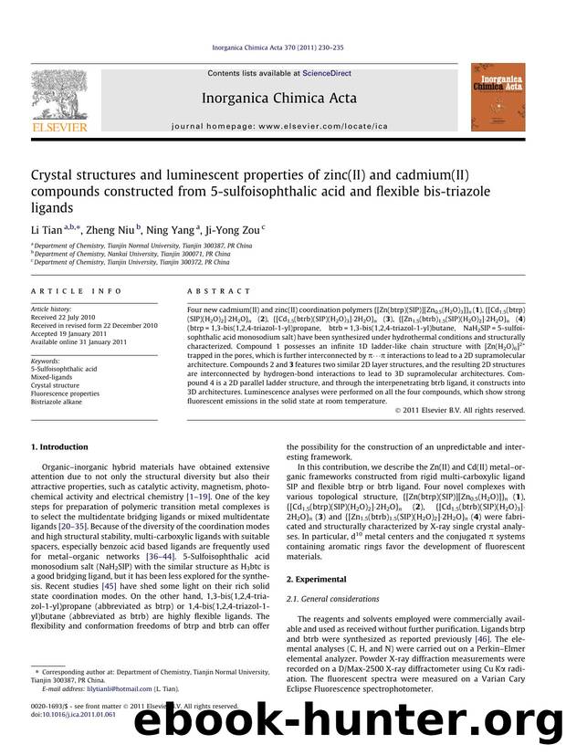 Crystal structures and luminescent properties of zinc(II) and cadmium(II) compounds constructed from 5-sulfoisophthalic acid and flexible bis-triazole ligands by Li Tian & Zheng Niu & Ning Yang & Ji-Yong Zou