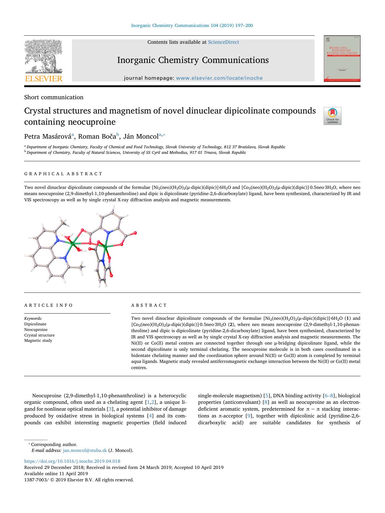 Crystal structures and magnetism of novel dinuclear dipicolinate compounds containing neocuproine by Petra Masárová & Roman Boča & Ján Moncol