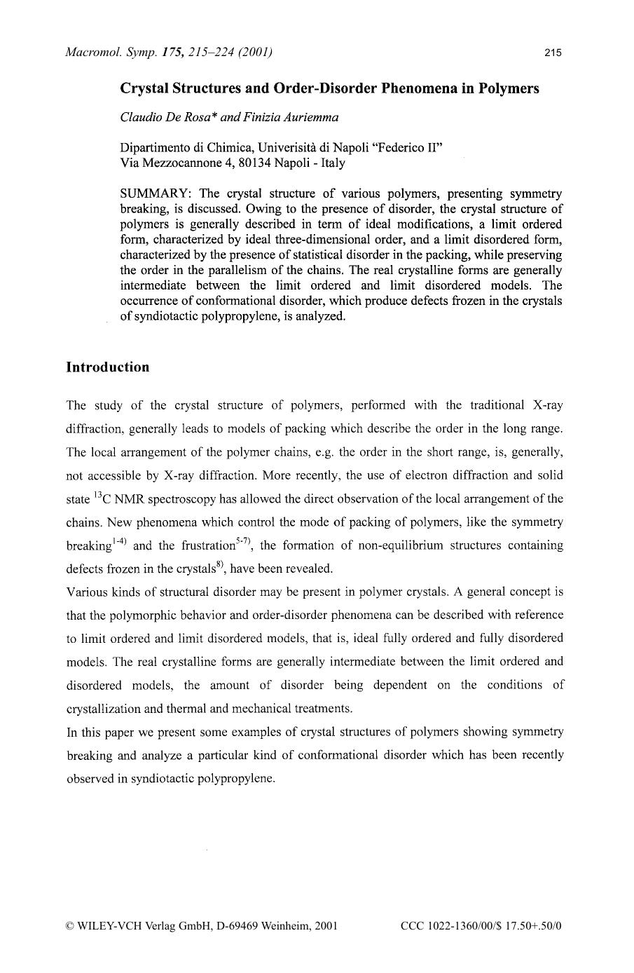 Crystal structures and order-disorder phenomena in polymers by Unknown