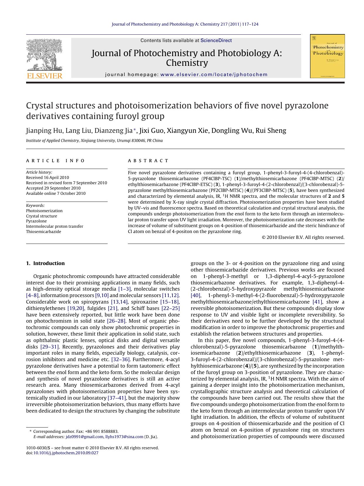 Crystal structures and photoisomerization behaviors of five novel pyrazolone derivatives containing furoyl group by Jianping Hu