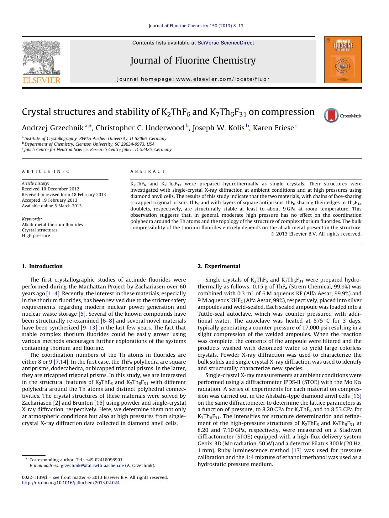 Crystal structures and stability of K2ThF6 and K7Th6F31 on compression by Andrzej Grzechnik