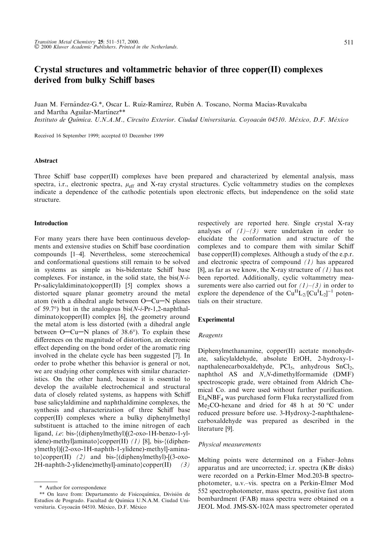 Crystal structures and voltammetric behavior of three copper(II) complexes derived from bulky Schiff bases by Unknown