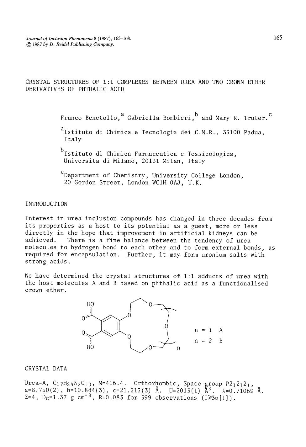 Crystal structures of 1:1 complexes between urea and two crown ether derivatives of phthalic acid by Unknown