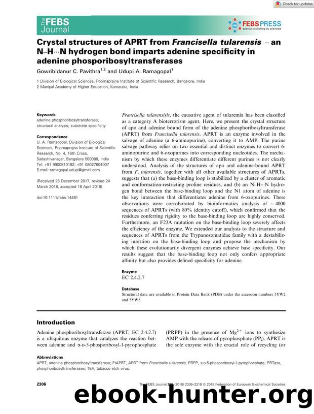 Crystal structures of APRT from Francisella tularensis â an NâHÂ·Â·Â·N hydrogen bond imparts adenine specificity in adenine phosporibosyltransferases by Unknown