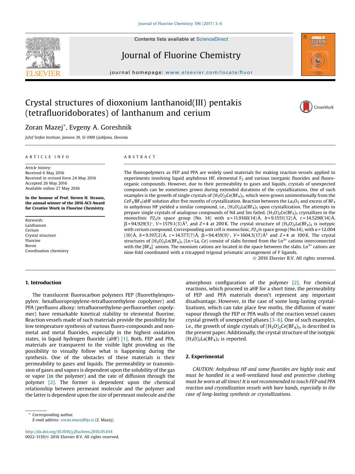 Crystal structures of dioxonium lanthanoid(III) pentakis(tetrafluoridoborates) of lanthanum and cerium by Zoran Mazej & Evgeny A. Goreshnik