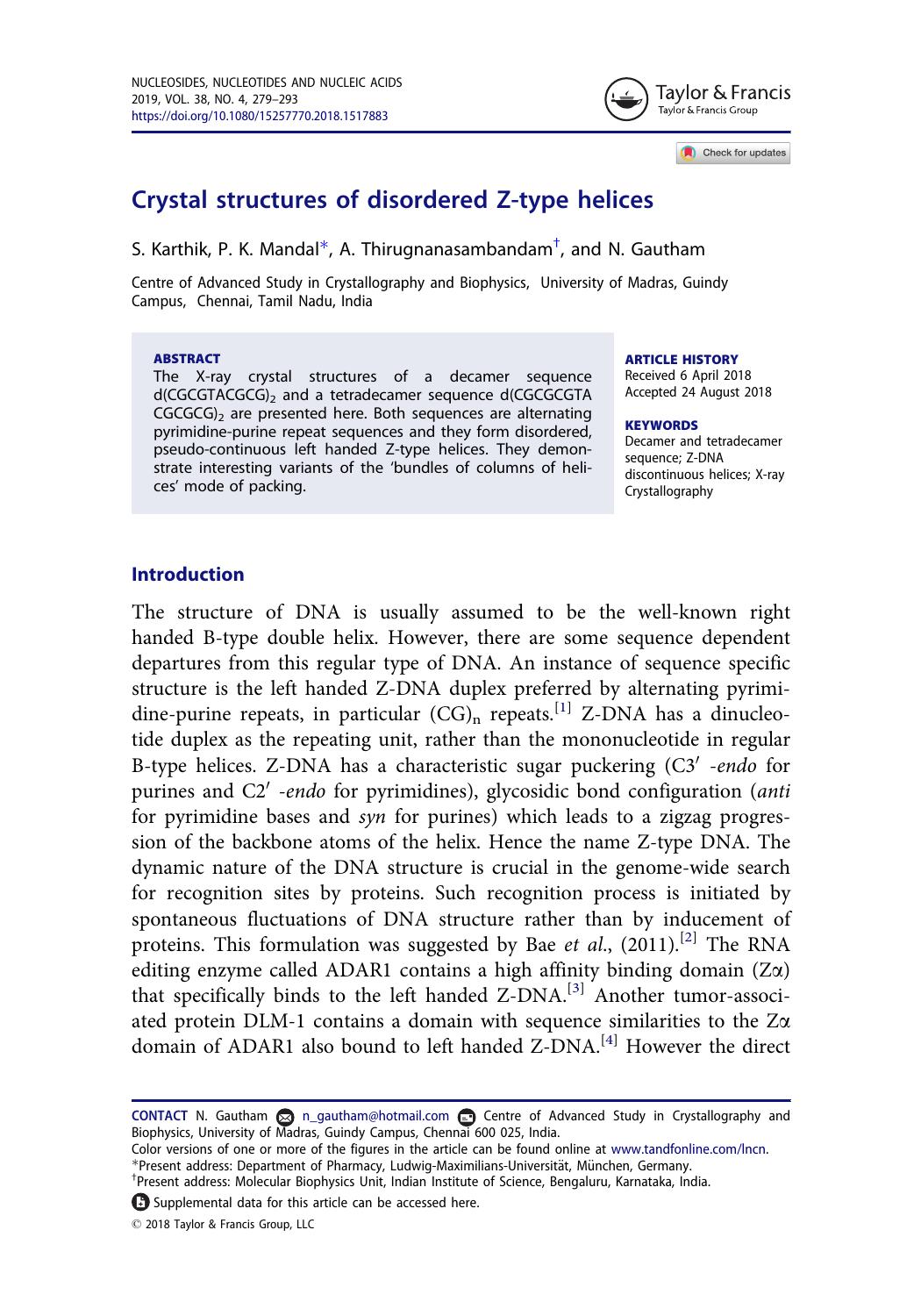 Crystal structures of disordered Z-type helices by Karthik S. & Mandal P. K. & Thirugnanasambandam A. & Gautham N