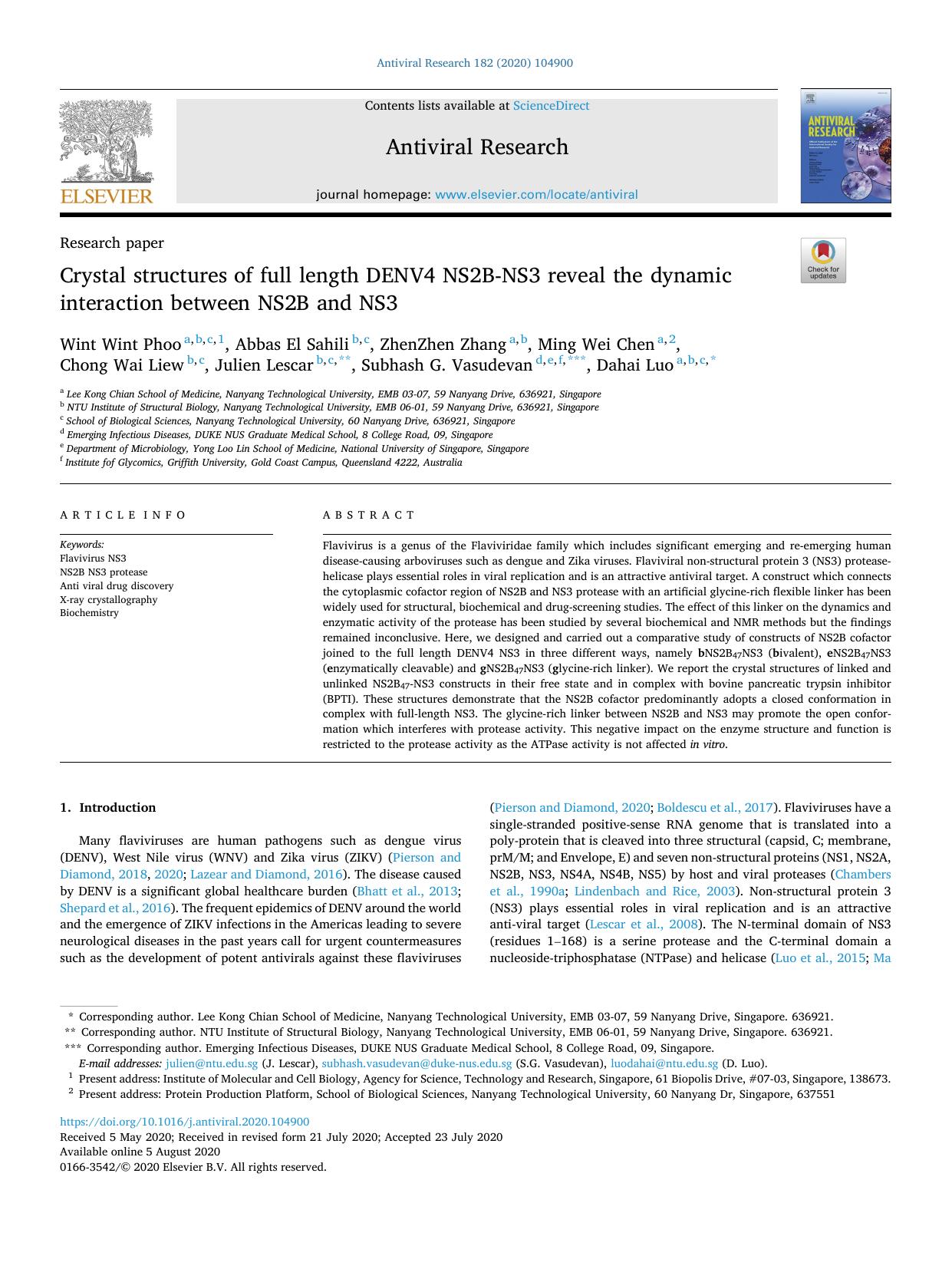 Crystal structures of full length DENV4 NS2B-NS3 reveal the dynamic interaction between NS2B and NS3 by Wint Wint Phoo