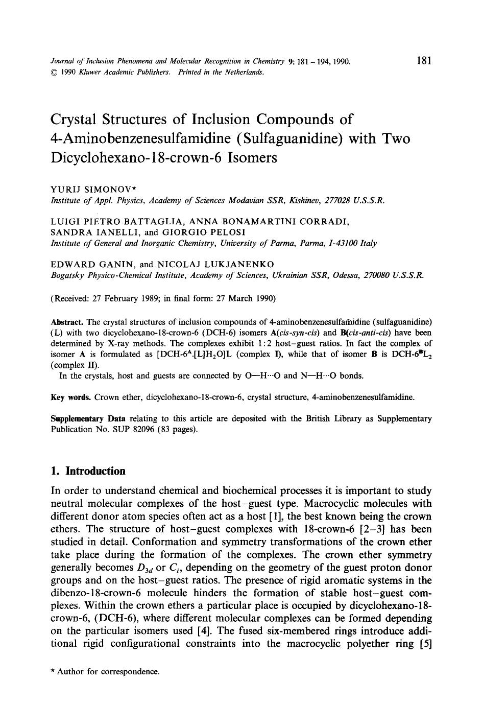 Crystal structures of inclusion compounds of 4-aminobenzenesulfamidine (sulfaguanidine) with two dicyclohexano-18-crown-6 isomers by Unknown