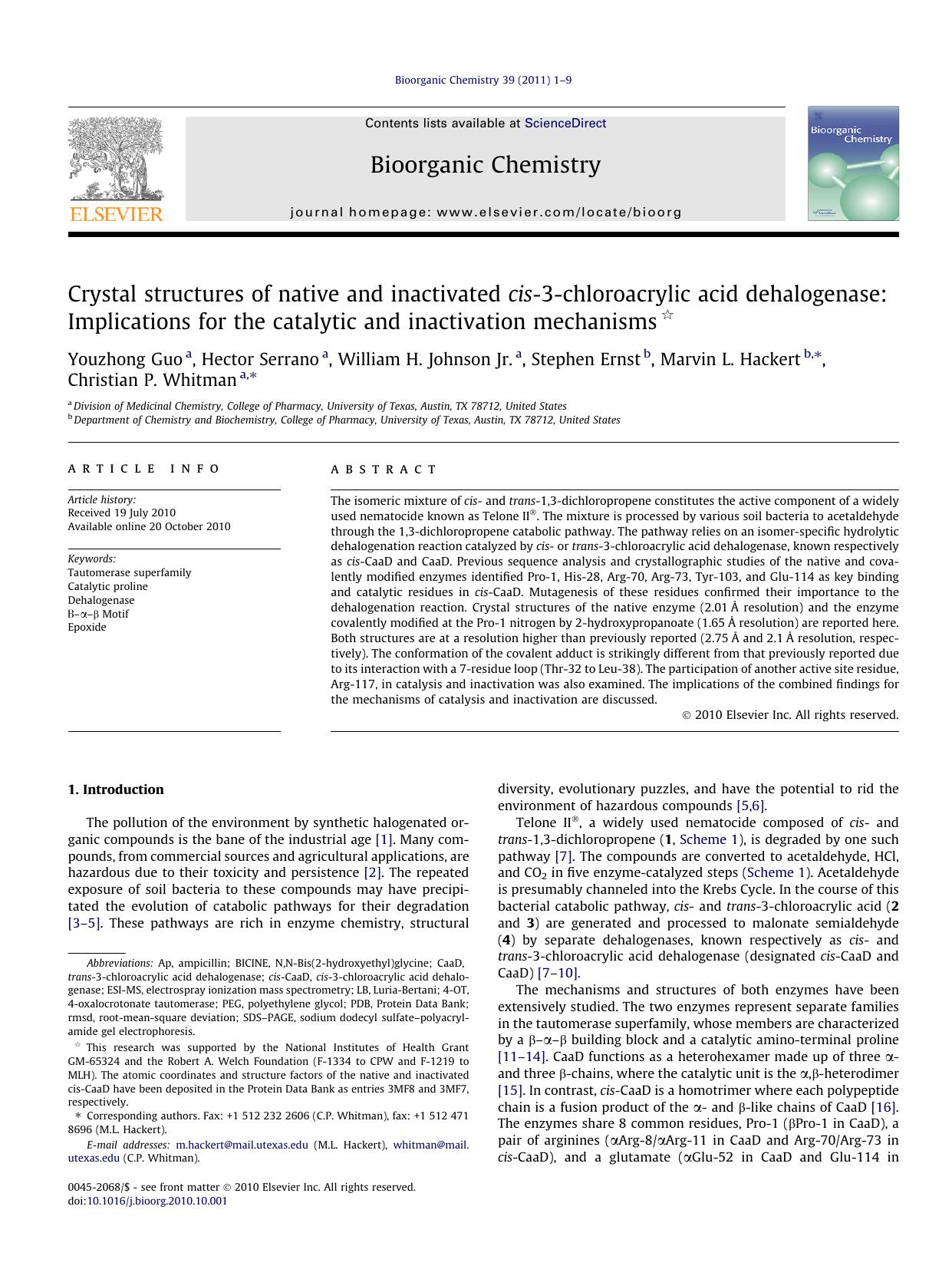 Crystal structures of native and inactivated cis-3-chloroacrylic acid dehalogenase: Implications for the catalytic and inactivation mechanisms by unknow