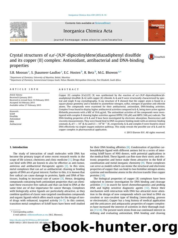 Crystal structures of o,oÃ¢â¬Â²-(N,NÃ¢â¬Â²-dipicolinyldene)diazadiphenyl disulfide and its copper (II) complex: Antioxidant, antibacterial and DNA-binding properties by S.B. Moosun & S. Jhaumeer-Laulloo & E.C. Hosten & R. Betz & M.G. Bhowon