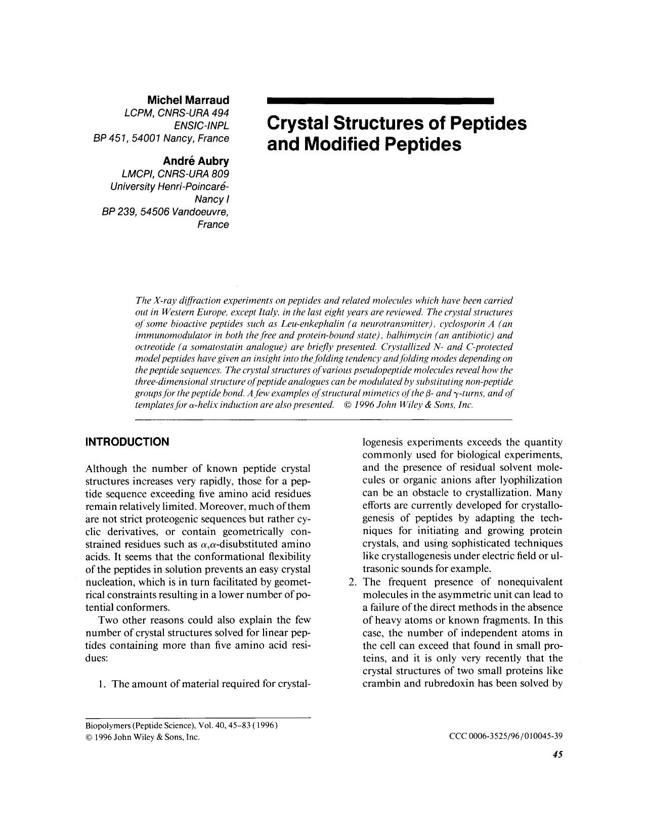 Crystal structures of peptides and modified peptides by Unknown