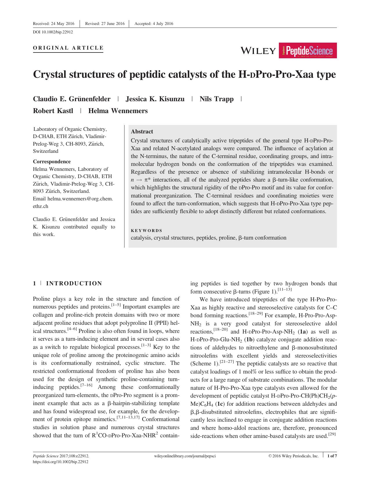 Crystal structures of peptidic catalysts of the H‐dPro‐Pro‐Xaa type by Unknown
