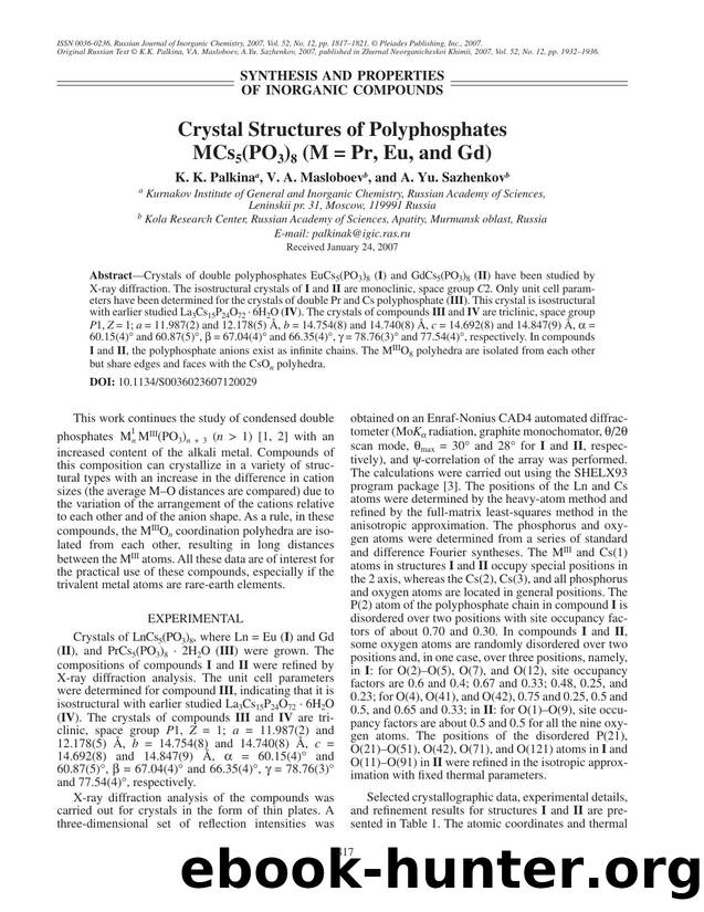 Crystal structures of polyphosphates MCs<Subscript>5<Subscript>(PO<Subscript>3<Subscript>)<Subscript>8<Subscript> (M = Pr, Eu, and Gd) by Unknown