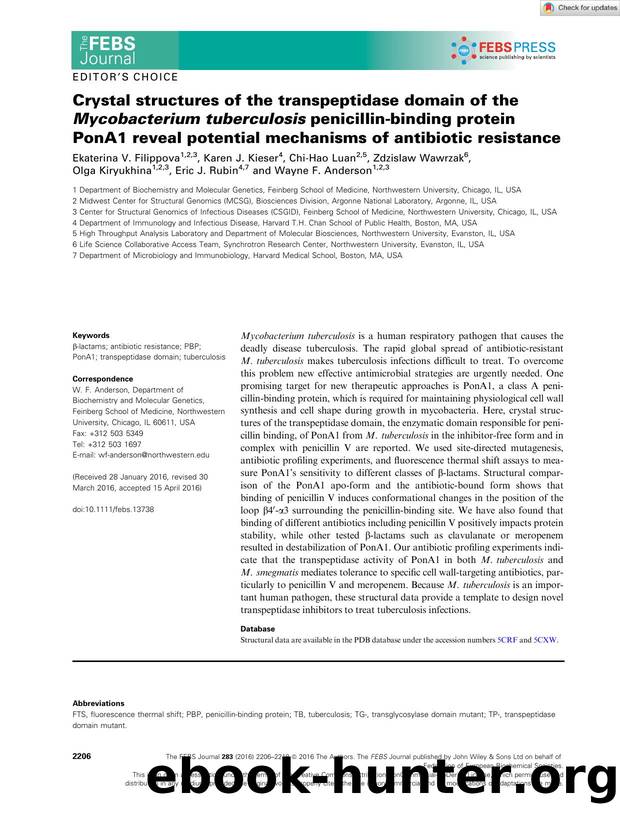 Crystal structures of the transpeptidase domain of the Mycobacterium tuberculosis penicillinâbinding protein PonA1 reveal potential mechanisms of antibiotic resistance by Unknown
