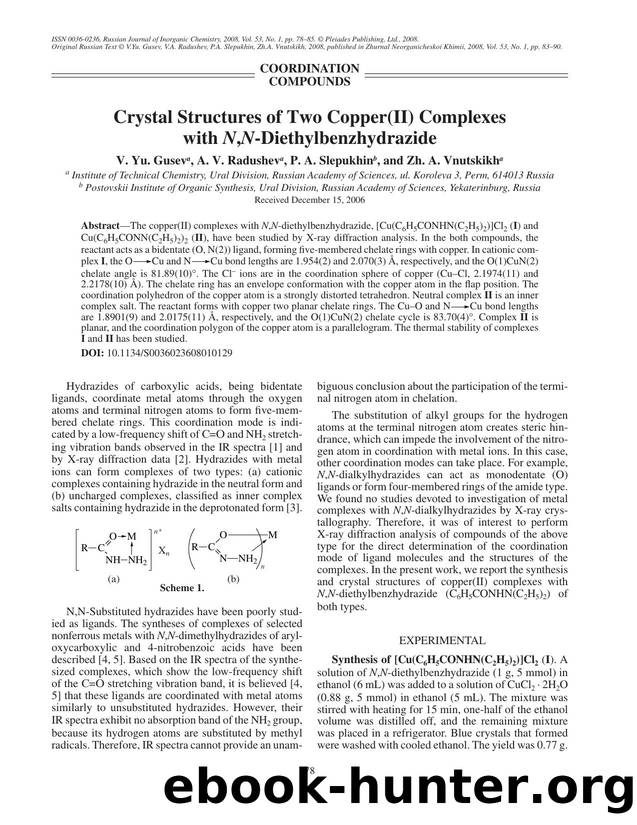 Crystal structures of two copper(II) complexes with <Emphasis Type="Italic">N,N<Emphasis>-diethylbenzhydrazide by Unknown