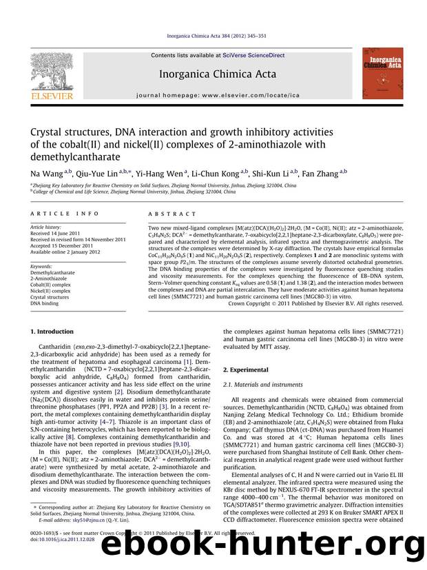 Crystal structures, DNA interaction and growth inhibitory activities of the cobalt(II) and nickel(II) complexes of 2-aminothiazole with demethylcantharate by Na Wang & Qiu-Yue Lin & Yi-Hang Wen & Li-Chun Kong & Shi-Kun Li & Fan Zhang