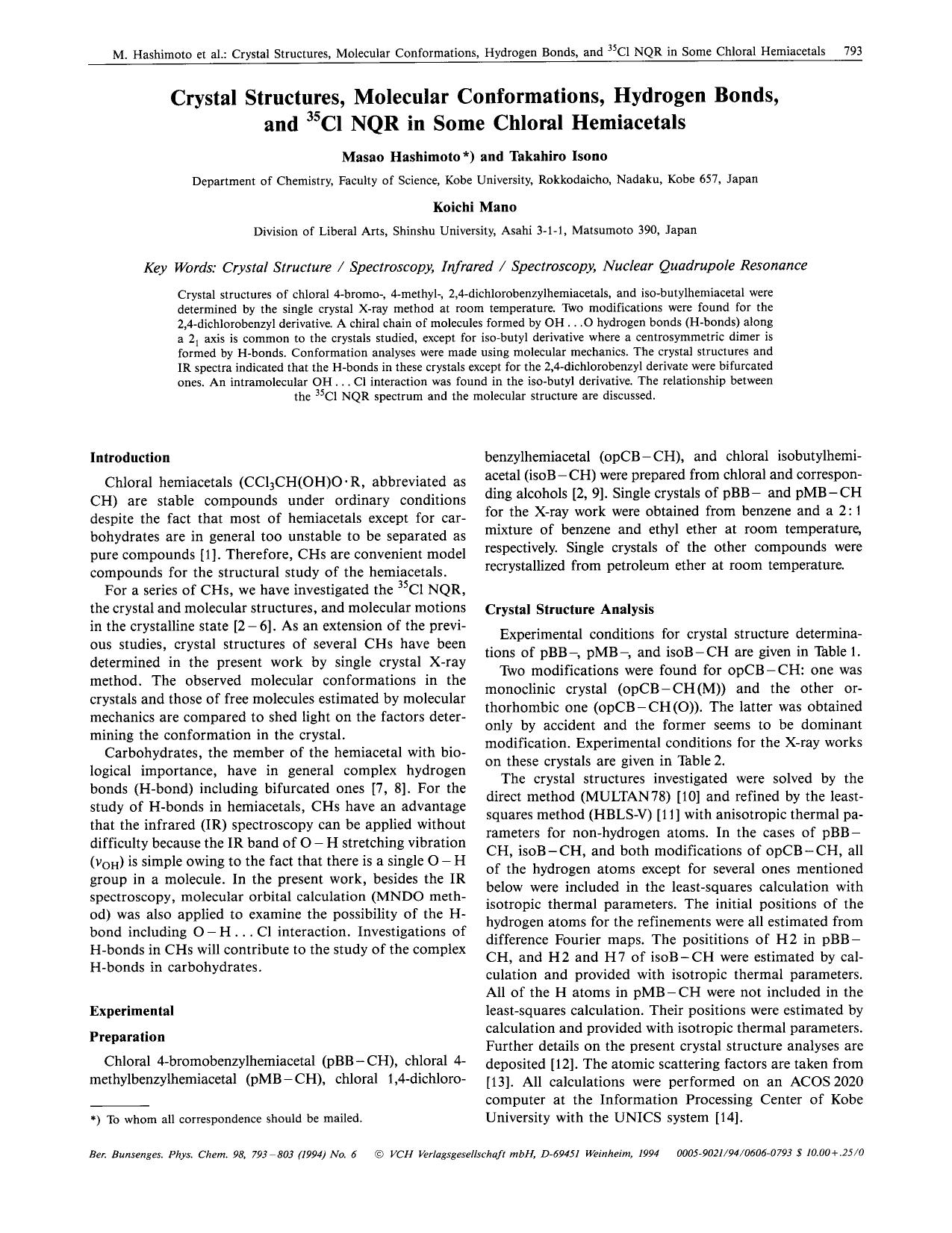 Crystal structures, molecular conformations, hydrogen bonds, and 35Cl NQR in some chloral hemiacetals by Unknown