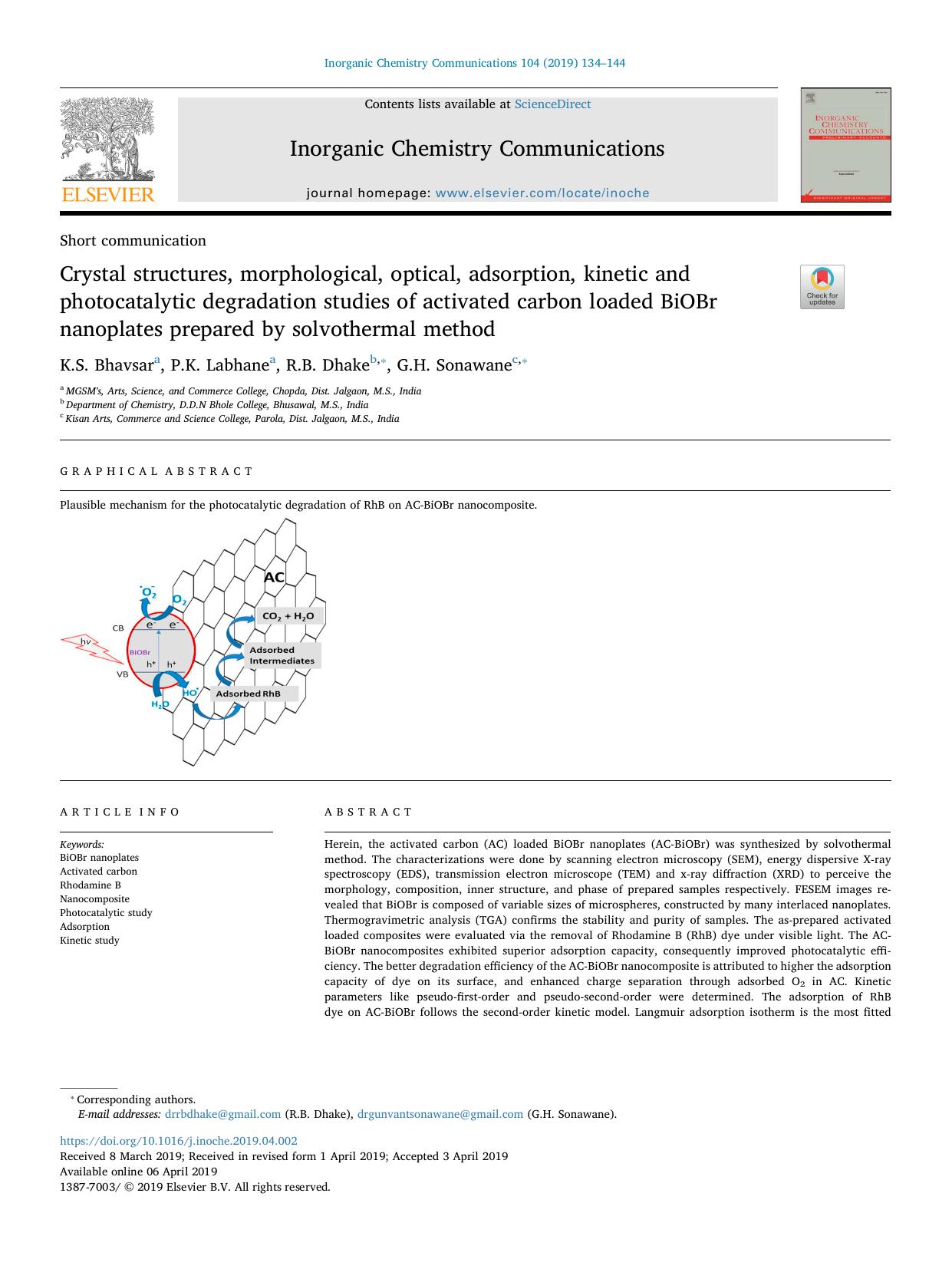 Crystal structures, morphological, optical, adsorption, kinetic and photocatalytic degradation studies of activated carbon loaded BiOBr nanoplates prepared by solvothermal method by K.S. Bhavsar & P.K. Labhane & R.B. Dhake & G.H. Sonawane