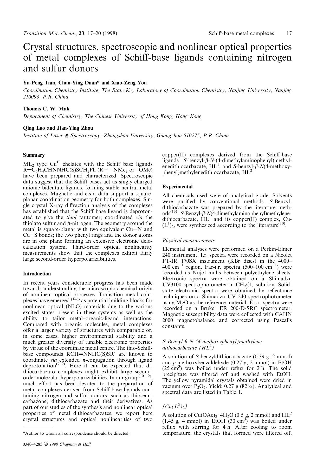 Crystal structures, spectroscopic and nonlinear optical properties of metal complexes of Schiff-base ligands containing nitrogen and sulfur donors by Unknown