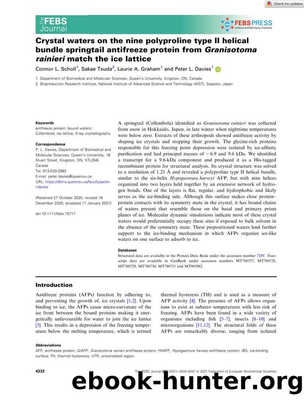 Crystal waters on the nine polyproline type II helical bundle springtail antifreeze protein from Granisotoma rainieri match the ice lattice by Unknown