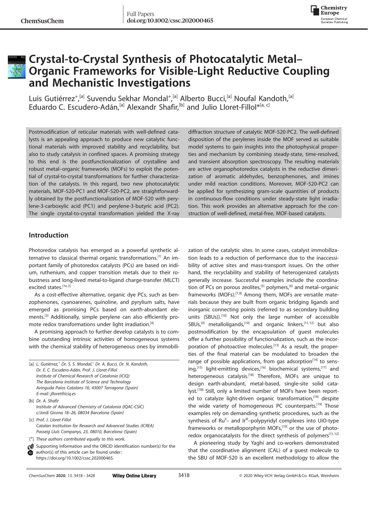 CrystalâtoâCrystal Synthesis of Photocatalytic MetalâOrganic Frameworks for VisibleâLight Reductive Coupling and Mechanistic Investigations by Unknown