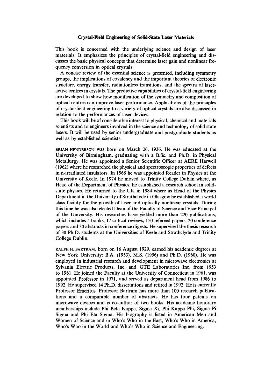 Crystal-Field Engineering of Solid-State Laser Materials by Brian Henderson Ralph H. Bartram