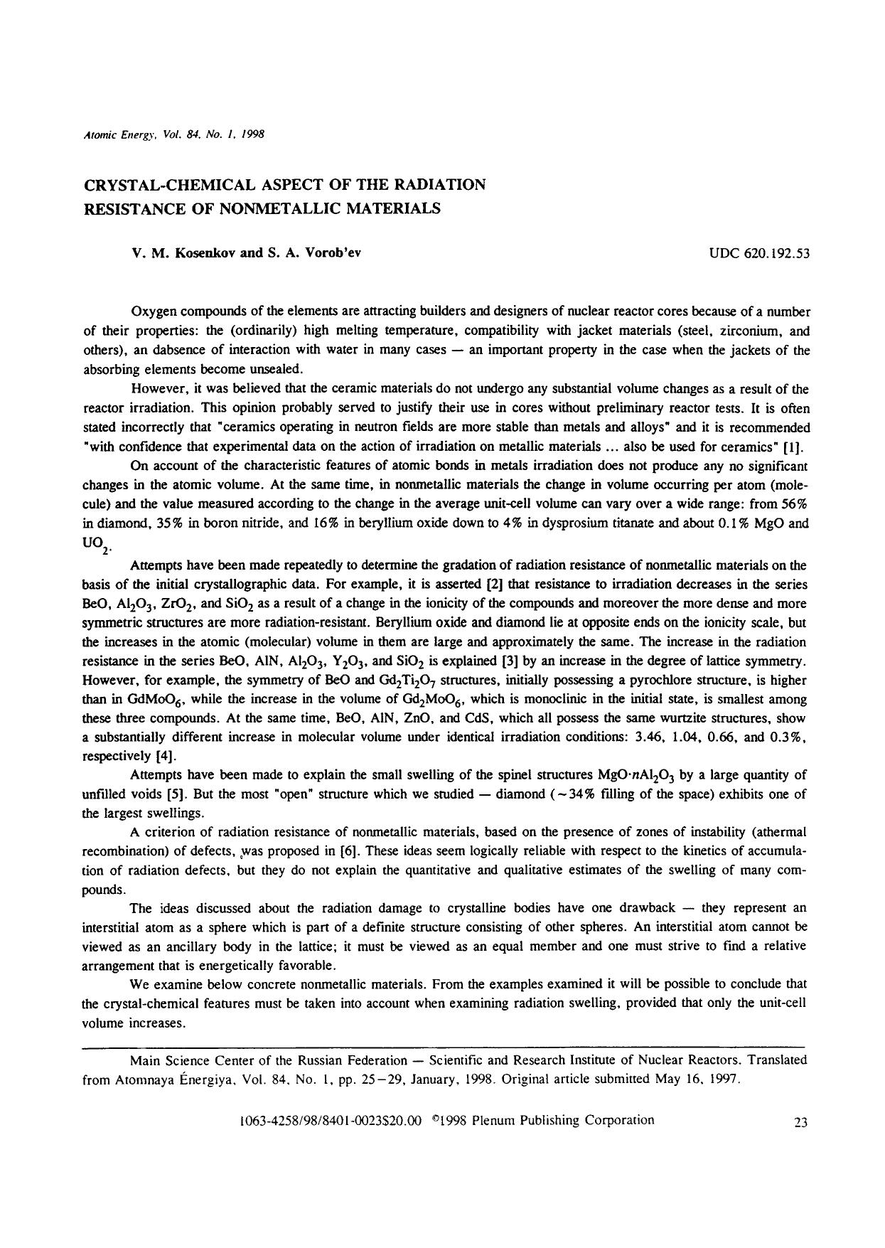 Crystal-chemical aspect of the radiation resistance of nonmetallic materials by Unknown
