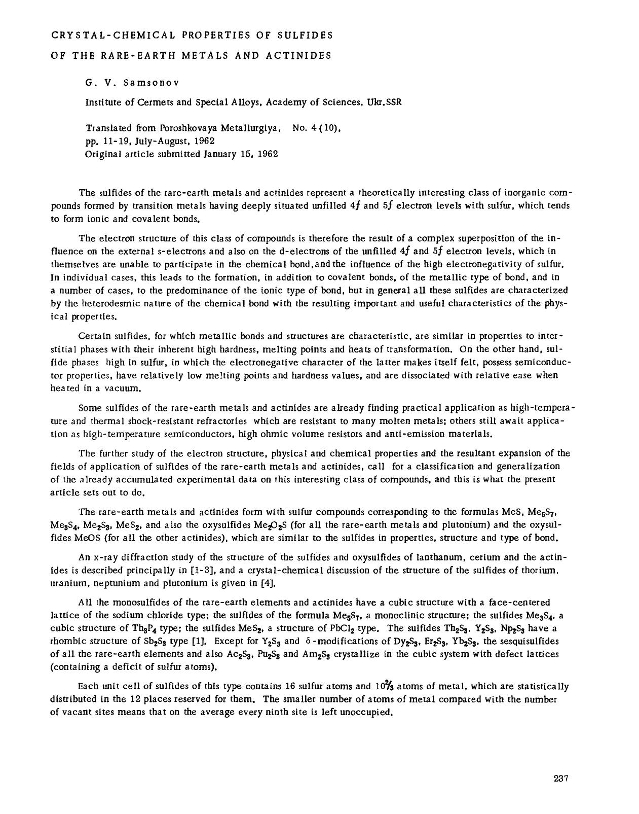 Crystal-chemical properties of sulfides of the rare-earth metals and actinides by Unknown