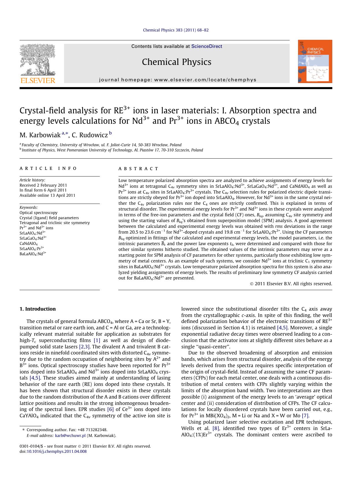 Crystal-field analysis for RE3+ ions in laser materials: I. Absorption spectra and energy levels calculations for Nd3+ and Pr3+ ions in ABCO4 crystals by M. Karbowiak & C. Rudowicz