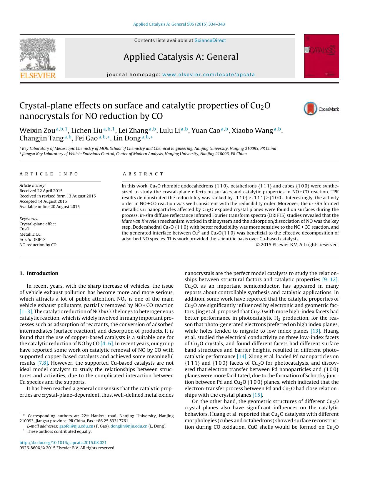Crystal-plane effects on surface and catalytic properties of Cu2O nanocrystals for NO reduction by CO by unknow