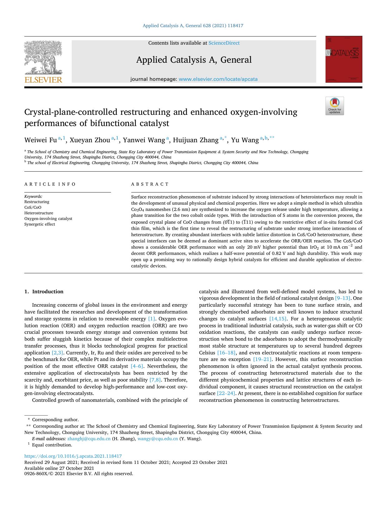 Crystal-plane-controlled restructuring and enhanced oxygen-involving performances of bifunctional catalyst by Weiwei Fu & Xueyan Zhou & Yanwei Wang & Huijuan Zhang & Yu Wang