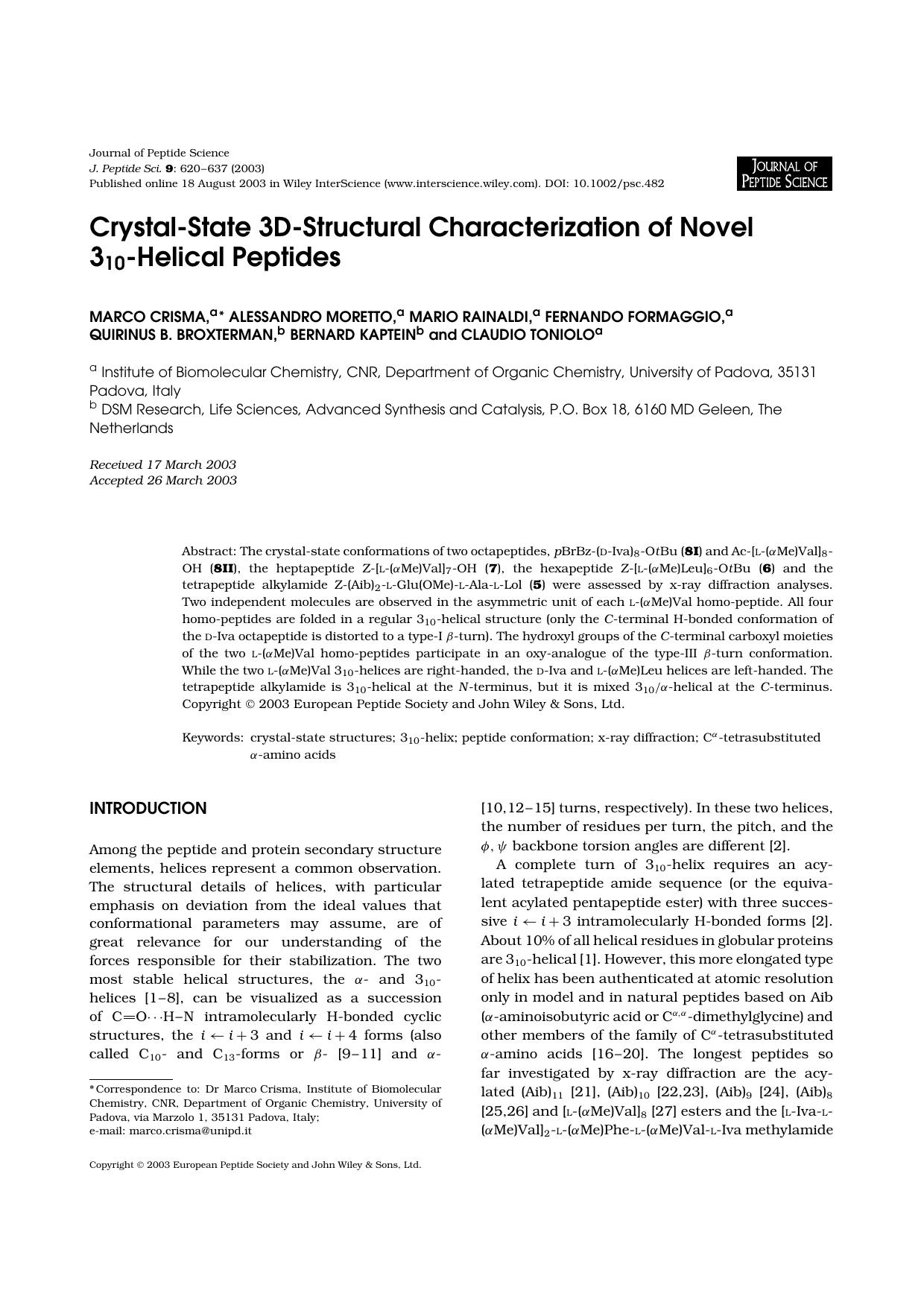 Crystal-state 3D-structural characterization of novel 310-helical peptides by Unknown
