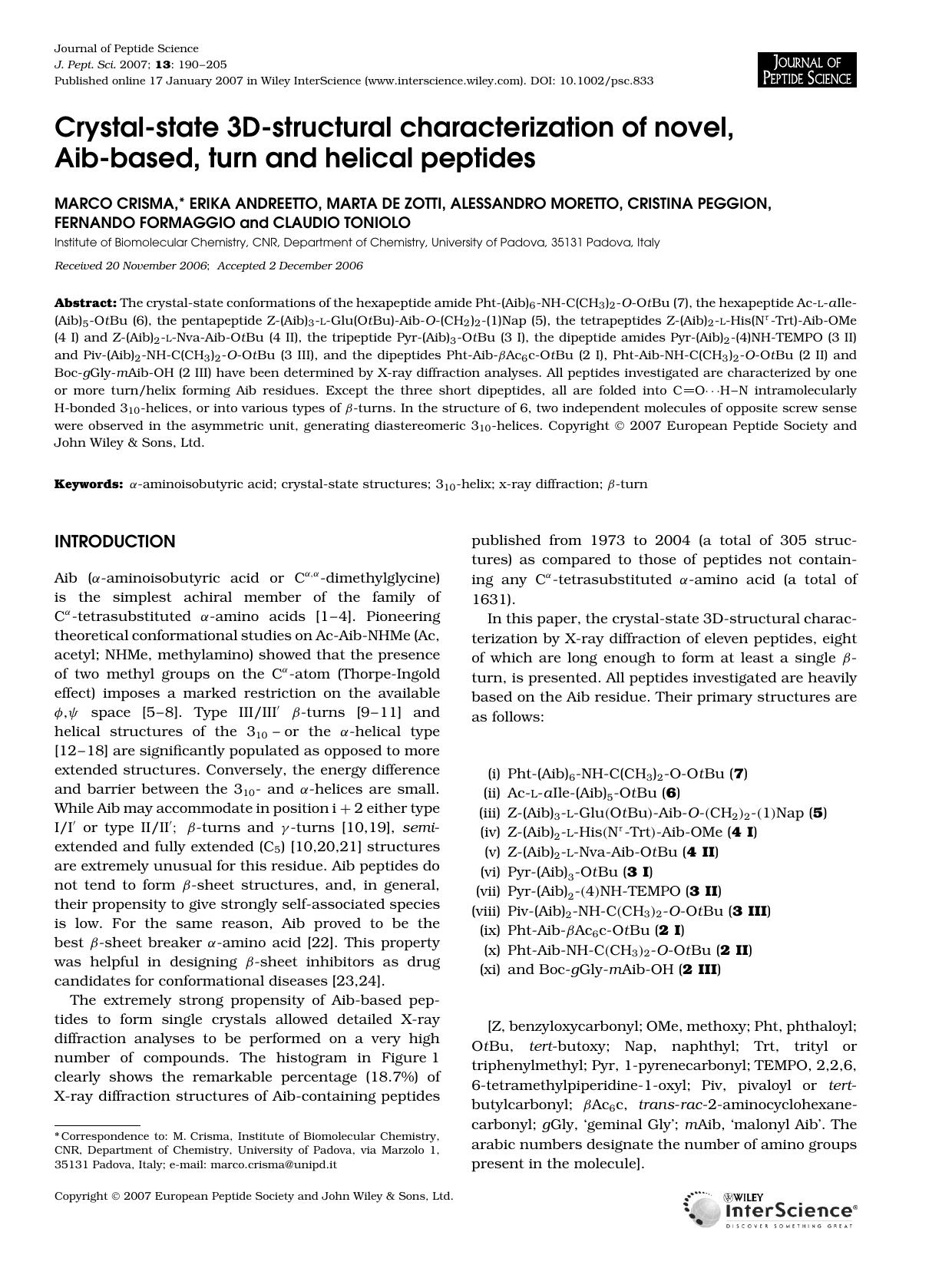Crystal-state 3D-structural characterization of novel, Aib-based, turn and helical peptides by Unknown