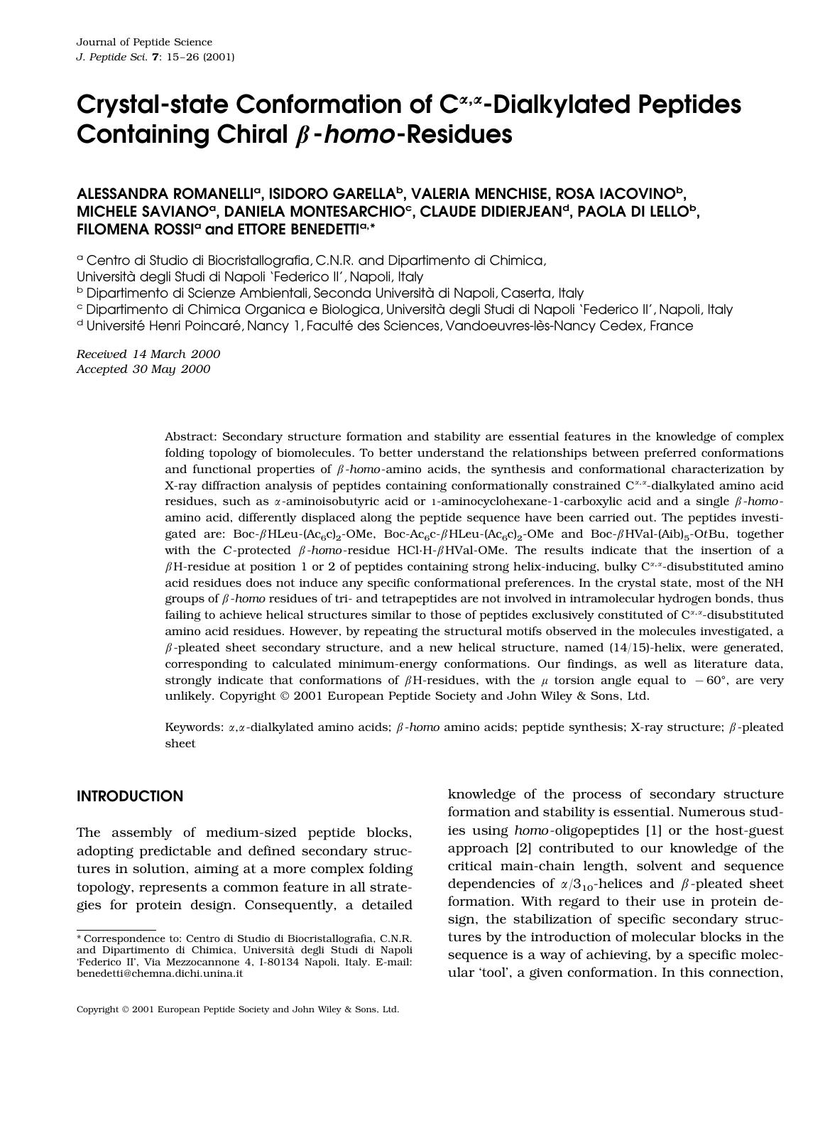 Crystal-state conformation of C[alpha],[alpha]-dialkylated peptides containing chiral [beta]-homo-residues by Unknown