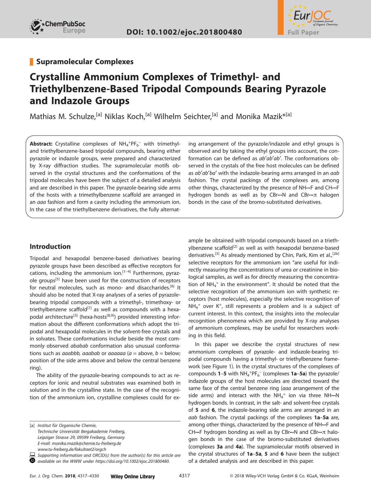 Crystalline Ammonium Complexes of Trimethyl&#x02010; and Triethylbenzene&#x02010;Based Tripodal Compounds Bearing Pyrazole and Indazole Groups by Unknown